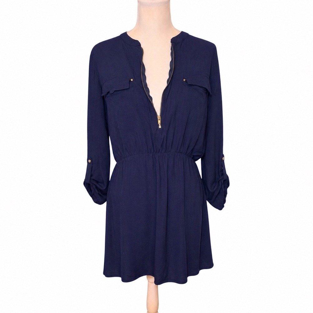Faded Glory Womens XL Blue Sapphire Rayon Tunic Dress Zip‎ Front Roll Tab - Picture 2 of 6